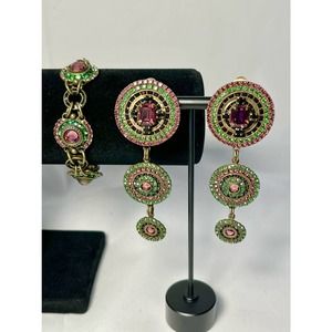 Vintage Signed Sorrelli Rhinestone Earrings and Bracelet Set Purple Green Gold